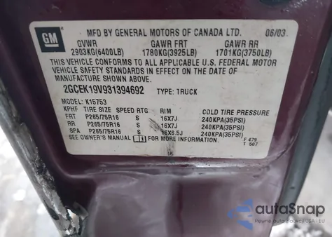 2003 Chevrolet Silverado 1500 Ls из США, поврежденный, VIN 2GCEK19V931394692